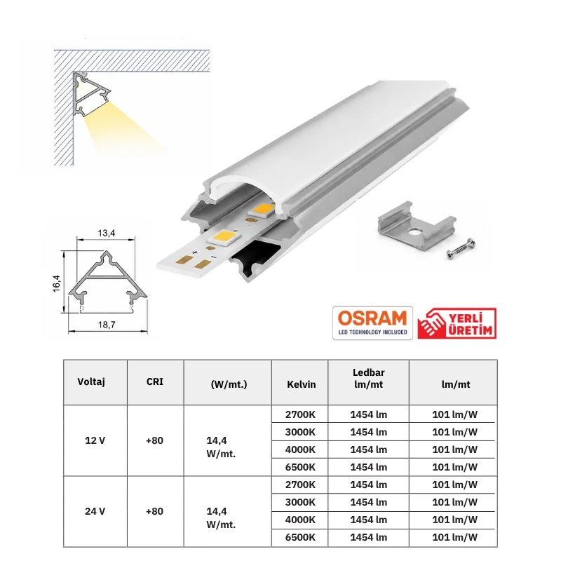12V Mutfak Dolabı ve Tezgah Altı Bombe Difüzörlü Köşe Bar LED 12V