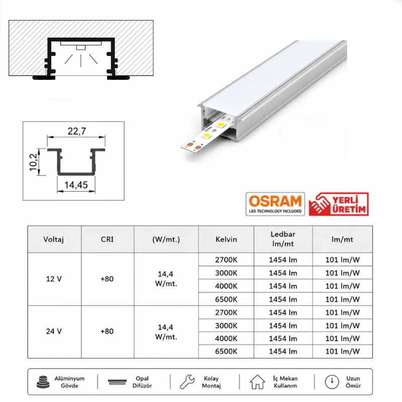 Mutfak Dolabı ve Tezgah Altı Gömme LED Armatür 12V
