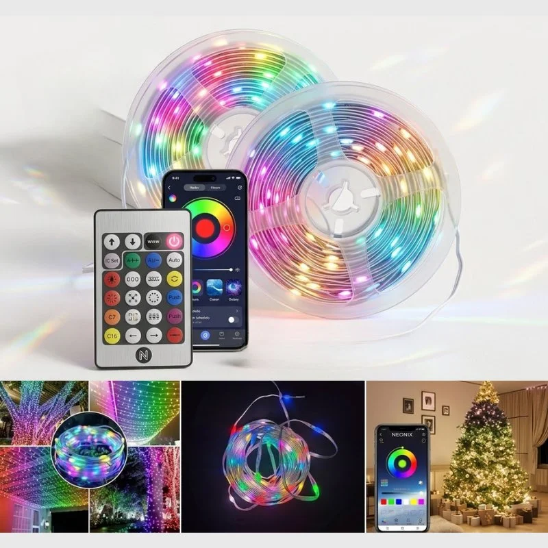 Yılbaşı Ağacı Aydınlatması Dış Mekan Pixel + RGB 10Mt +Kumanda Telefon Kontrol