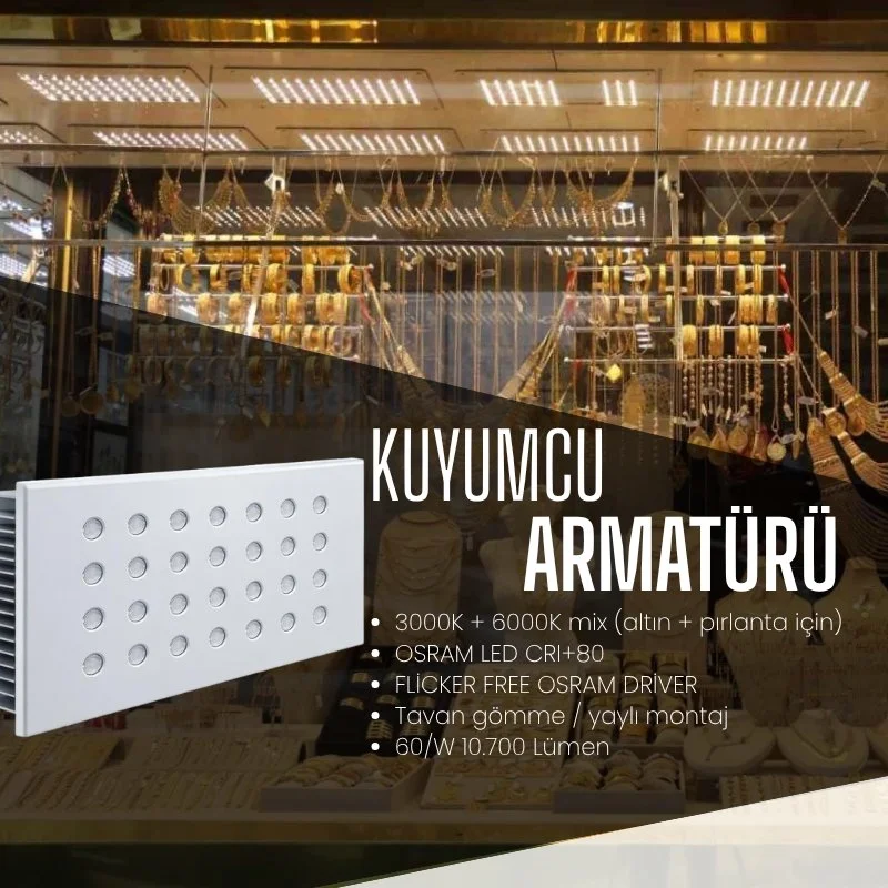 Özel Dikdörtgen Kuyumcu Armatürü 3000K + 6500K 60W 10.700 lm